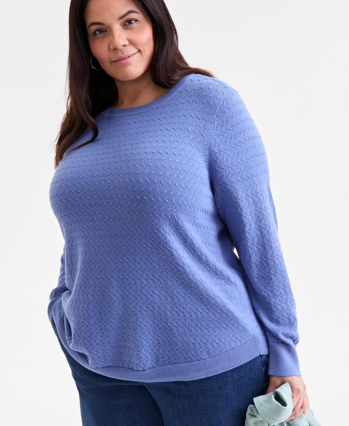 Style & Co Plus Size Cotton Color-block Crewneck Sweater, Macy's Exclusive In Blue