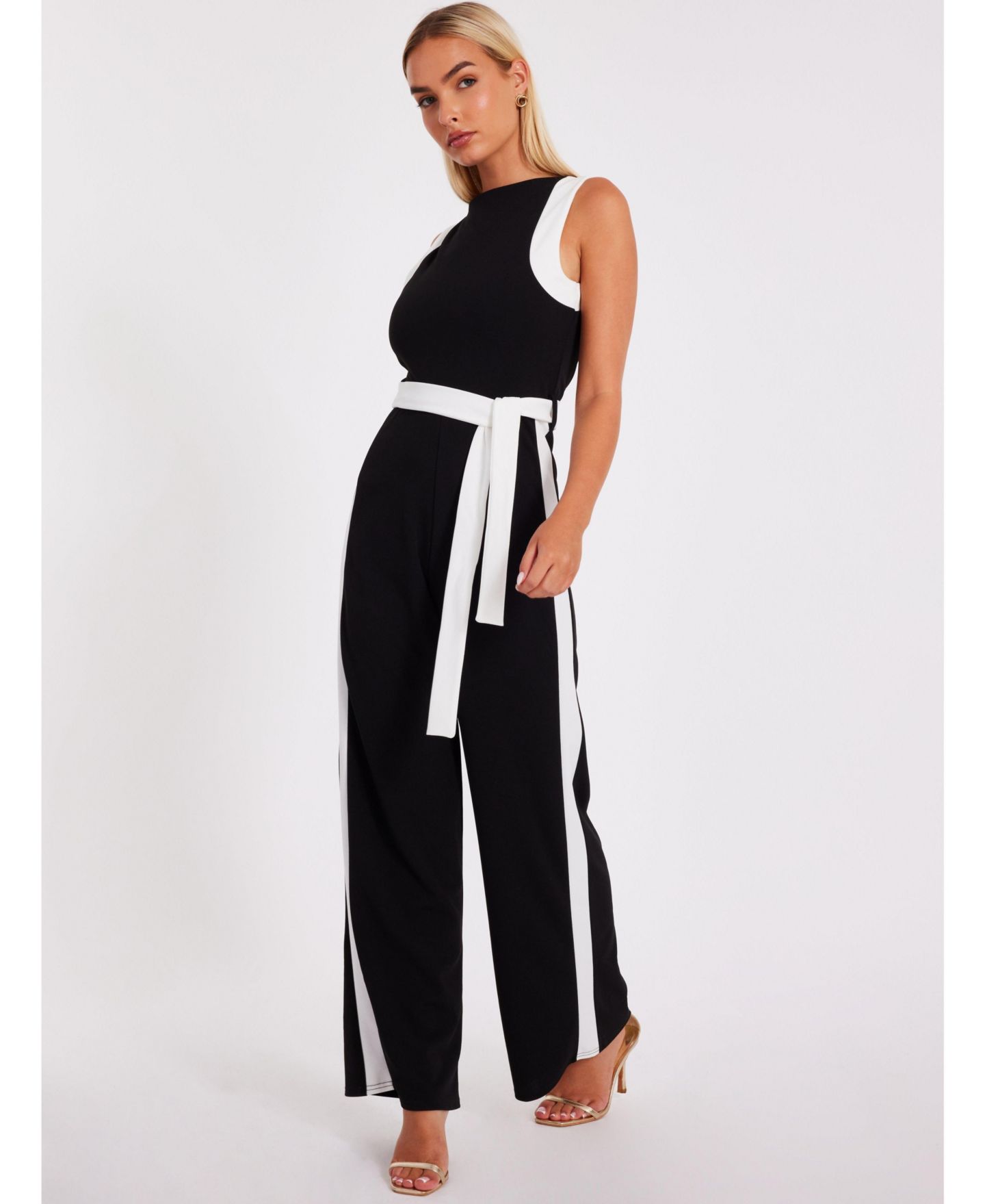 Женский комбинезон QUIZ Contrast Palazzo Jumpsuit, цвет: Чёрный — фото 1