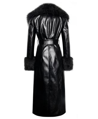 Women's Zella Black Fur Trim Faux Croc Leather Coat