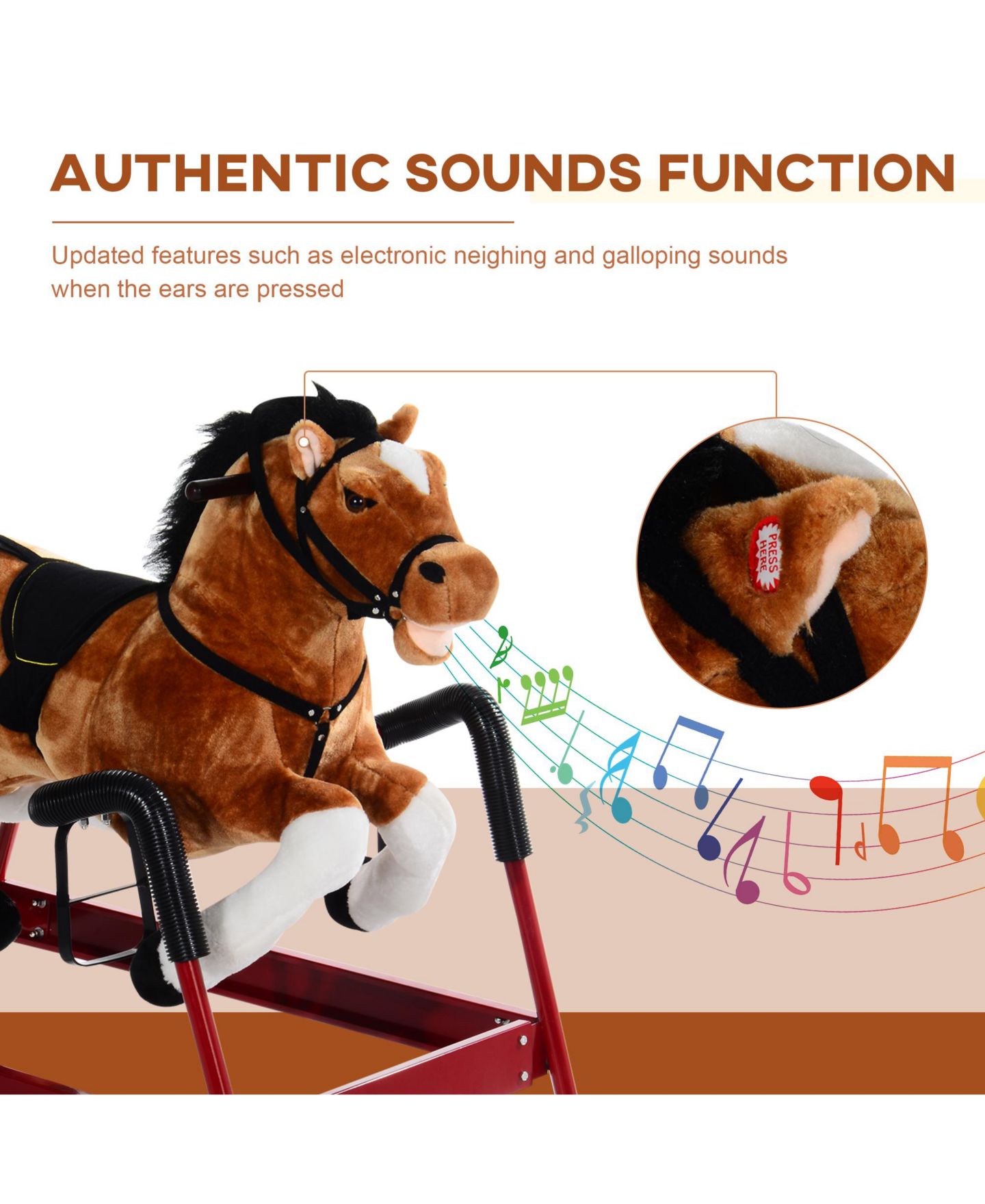 Детская мягкая игрушка Qaba Plush Spring Rocking Horse with Realistic Sounds, 39.25"L x 23.5"W x 32.75"H, 132 lb. Capacity, Ages 3+ — фото 5