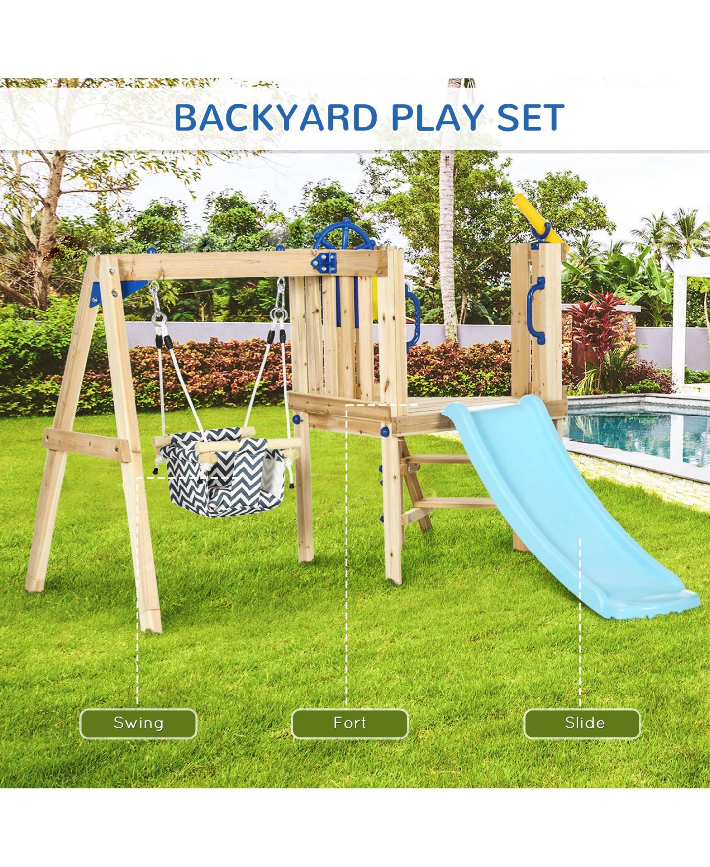 Детский игровой набор Outsunny 3 in 1 Wooden Outdoor Playset with Baby Swing Seat, Toddler Slide, Captain's Wheel & Telescope, Ages 1.5-4 — фото 5