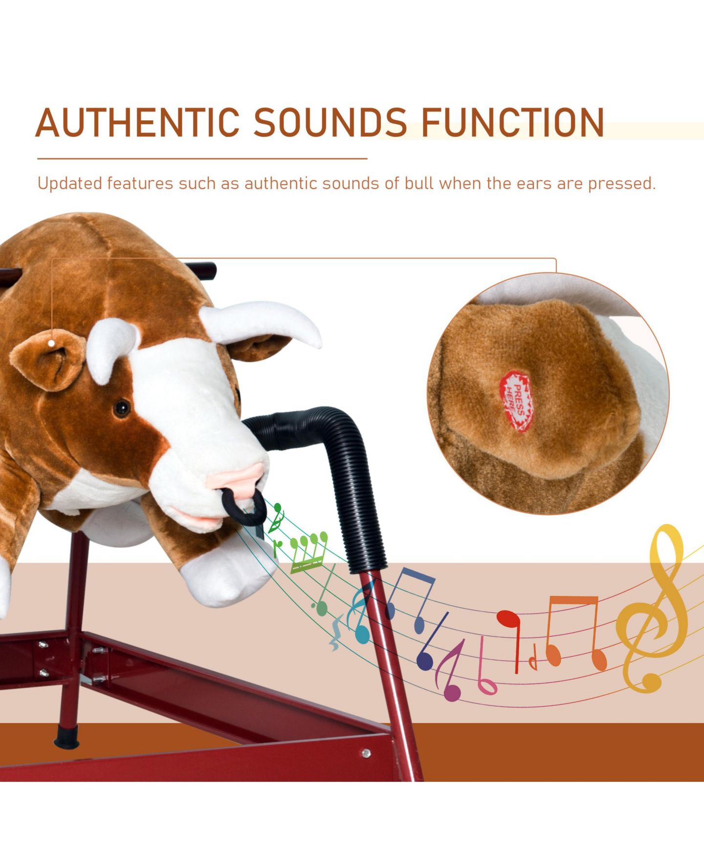 Детская мягкая игрушка Qaba Spring Rocking Bull Plush Authentic-Sounds Rocking Toy, 132-lb Capacity, Ages 3+ — фото 3