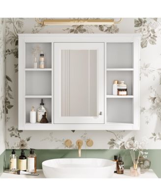 35" x 27.5" Bathroom Mirror Cabinet with 6 Open Shelves, Wall Mounted Medicine Cabinet (No Vanity)