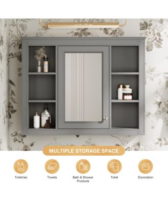 35" x 27.5" Bathroom Mirror Cabinet with 6 Open Shelves, Wall Mounted Medicine Cabinet (No Vanity)