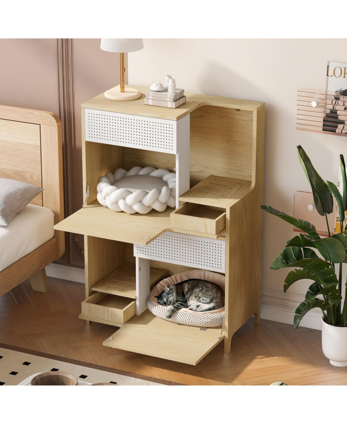 Furniture Style Multi-use Cat litter box house With 2 flip-down door - Natural
