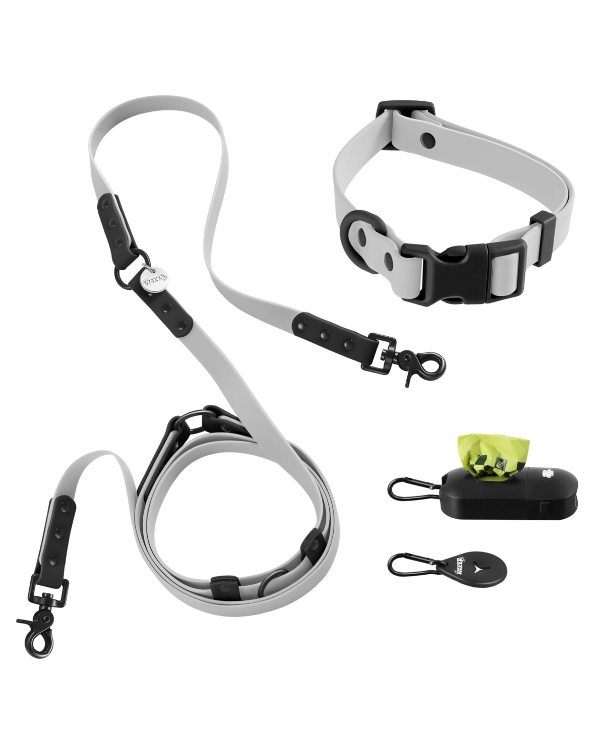 The Licker Store, Luna 8FT Adjustable 6-in-1 Waterproof Hands-Free Leash and Collar with Led Flashlight, Bag Dispenser, and Poop Bag Holder - Gray/bla
