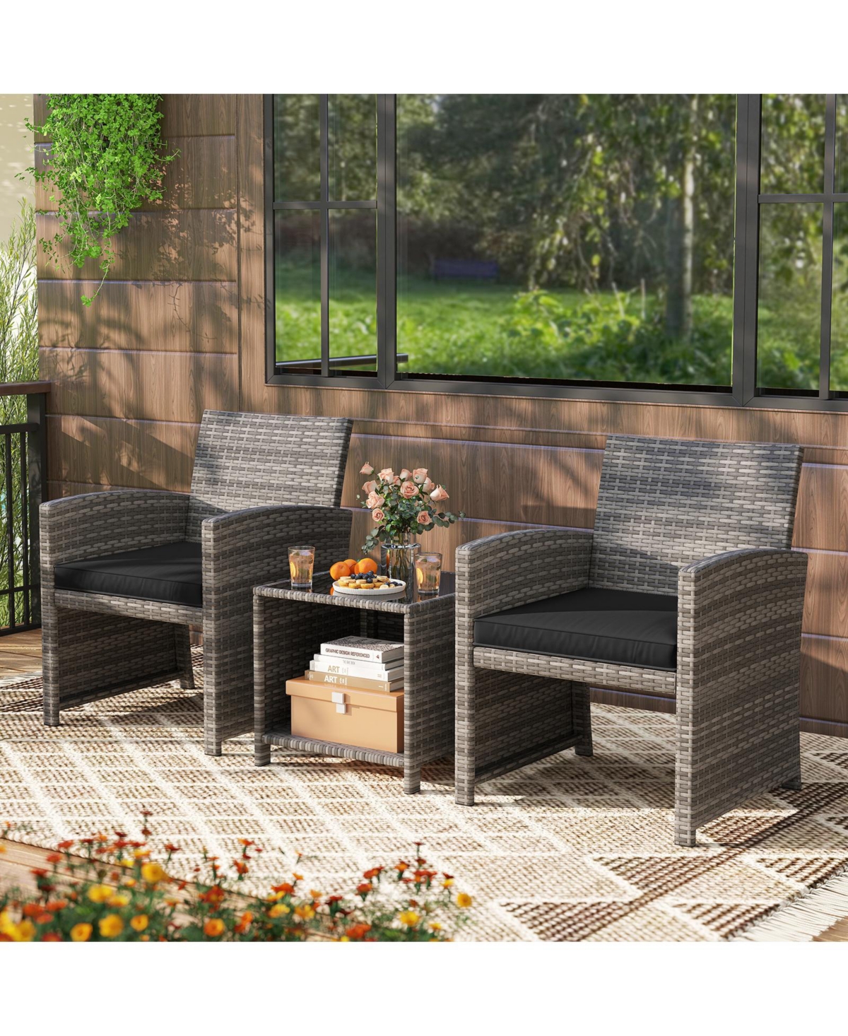 Slickblue Outdoor 3-Piece Conversation Set with 2 Padded Chairs and Glass-Top Coffee Table for Patio or Deck