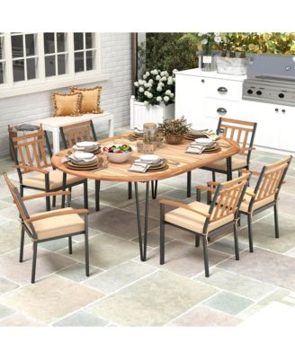 79'' Patio Dining Table w/ Umbrella Hole Acacia Wood Tabletop & Sturdy Metal Legs
