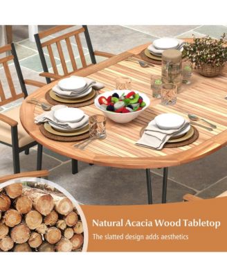 79'' Patio Dining Table w/ Umbrella Hole Acacia Wood Tabletop & Sturdy Metal Legs