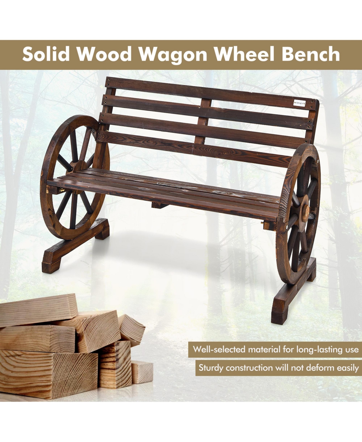 Gymax Patio Wagon Wheel Bench Outdoor Garden Wooden Rustic Bench w/ Slatted Design