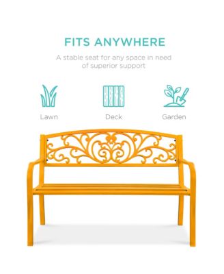 Outdoor Steel Bench Garden Patio Porch Furniture w/ Floral Design Backrest