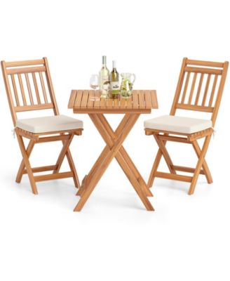 3-Piece Outdoor Wooden Bistro Set with Cushioned Chairs and Matching Table for Patio or Garden