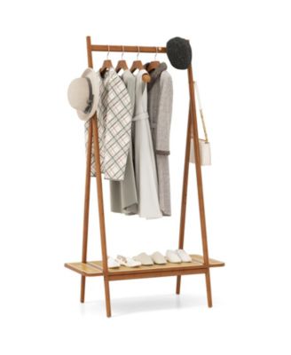 Modern Clothes Rack for Entryway with Sturdy Hanging Rod, Decorative Rattan Shelf, and Elegant Copper Hooks