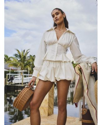 Women Sylvia White Pinstripe Deep V Pleated Shirt