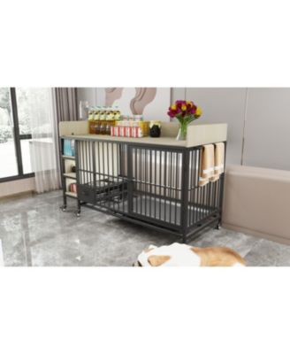 Large Pet Cage w/ Storage & Stainless Steel Bowls (Black/Beige)