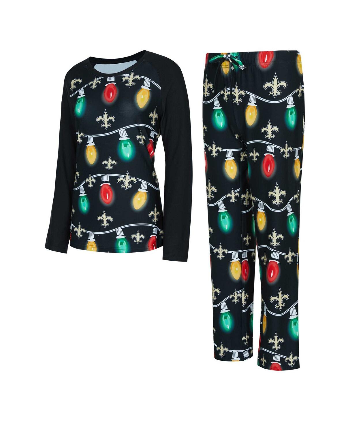 Women's Black New Orleans Saints Garland Knit Raglan Long Sleeve Top and Pants Set - Black
