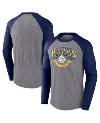 Fanatics - Men's Heather Gray/Heather Navy Pittsburgh Penguins Goal Crease Raglan Tri-Blend Long Sleeve T-Shirt