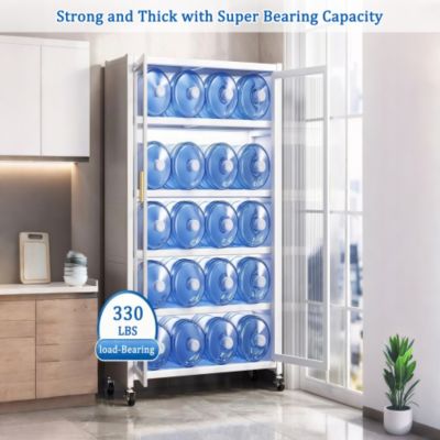 65inch Kitchen Pantry Storage Cabinet 6 Tier Metal Display Cabinet with Transparent Door Adjustable Shelves Wheels White