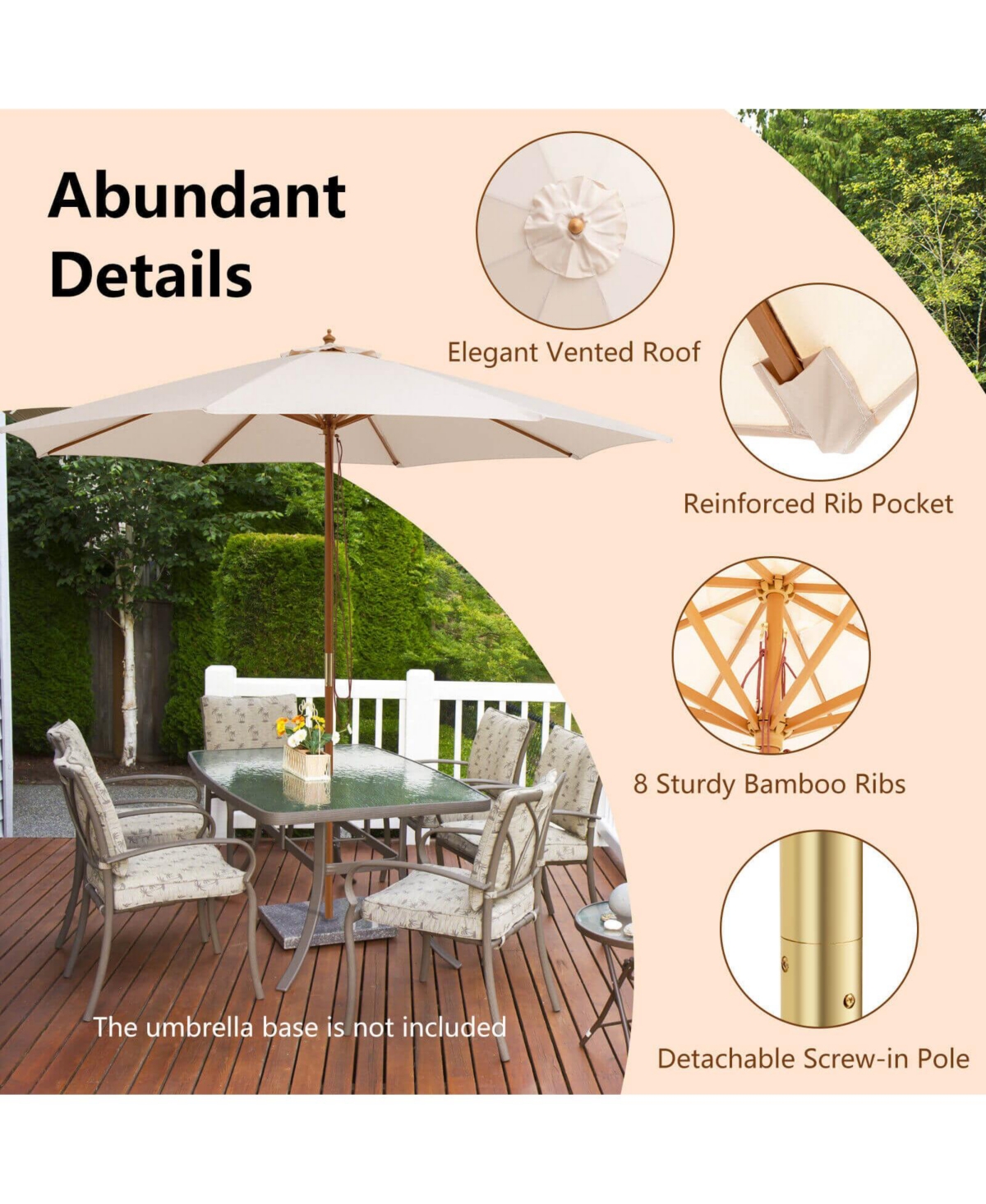 Mecale 10 Feet Patio Umbrella with 8 Wooden Ribs and 3 Adjustable Heights