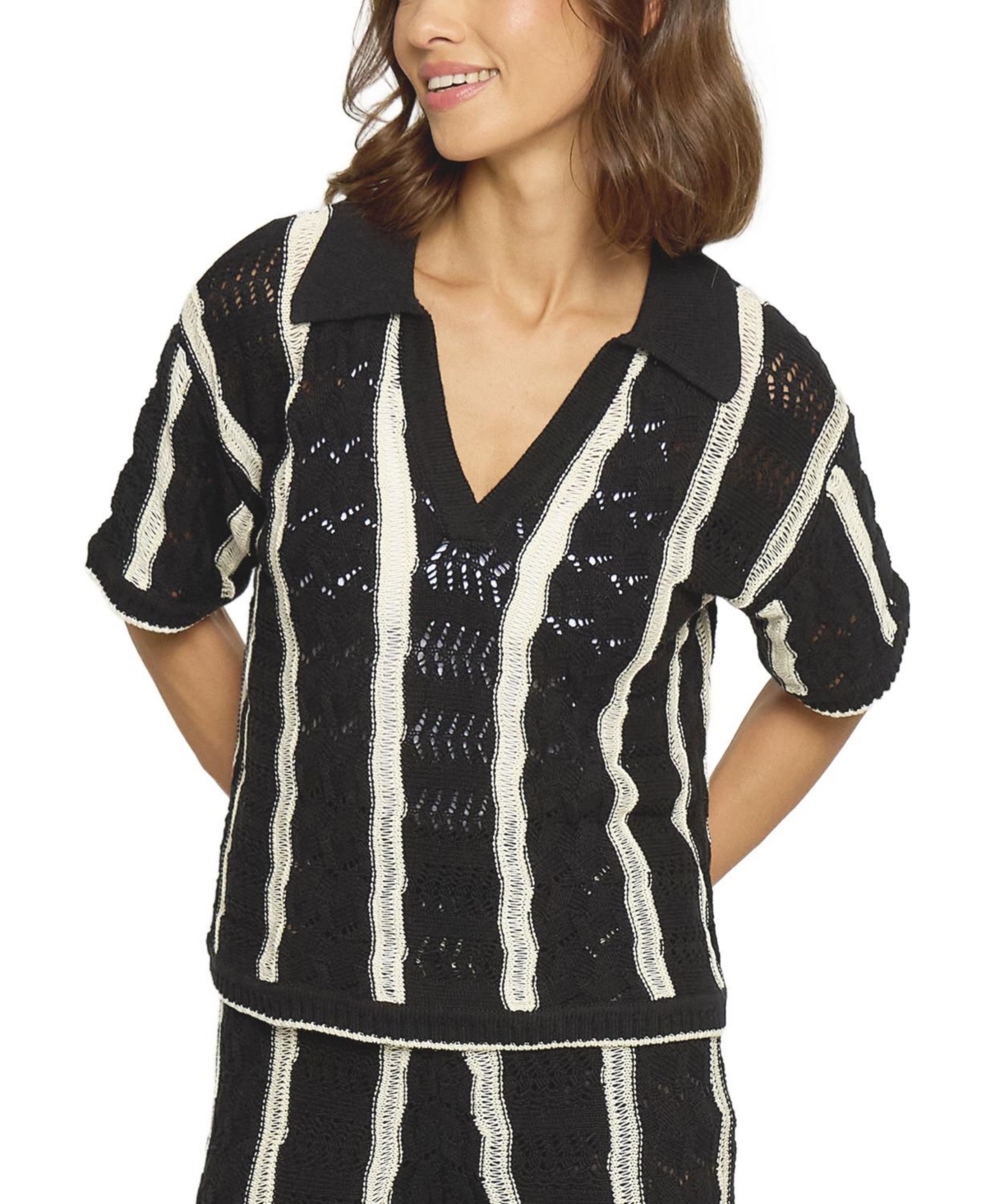 Women's Novelty Stitch Polo Pullover Top - Black