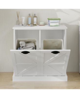 Tilt-Out Laundry Hamper Cabinet with Two Sorting Compartments and Top Shelf Organizer