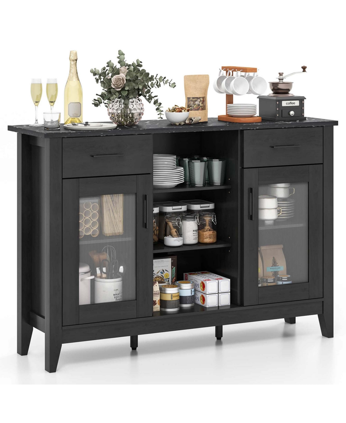 Sideboard Buffet Cabinet with 2 Drawers 2 Doors 3 Open Compartments 4 Shelves - Black