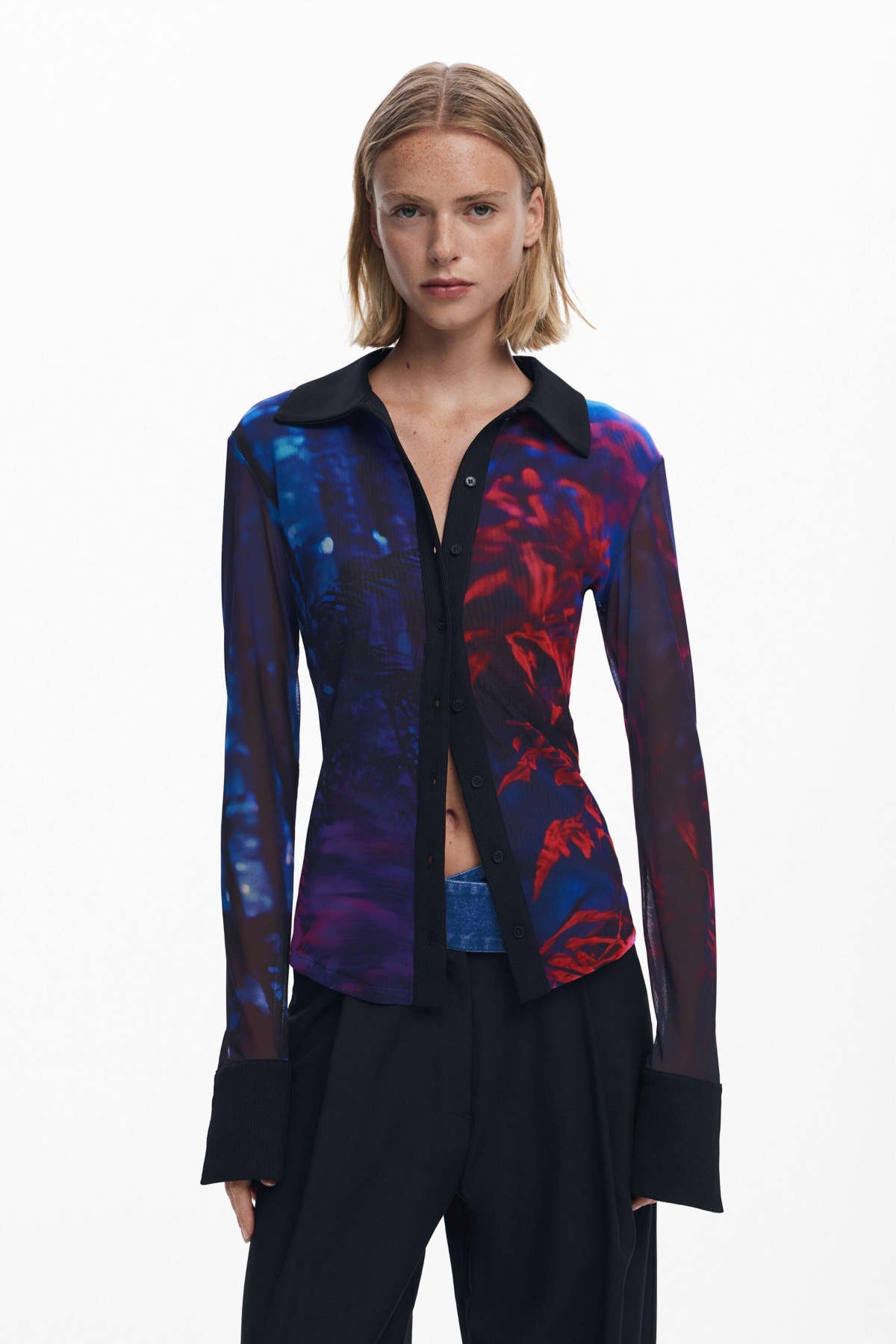Desigual Rib Trim Mesh Button-up Shirt In Black