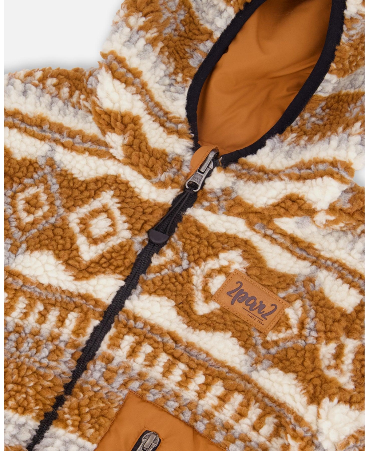 Deux par Kids Unisex Reversible Mid-Season Sherpa Jacket Brown Aztec Pattern