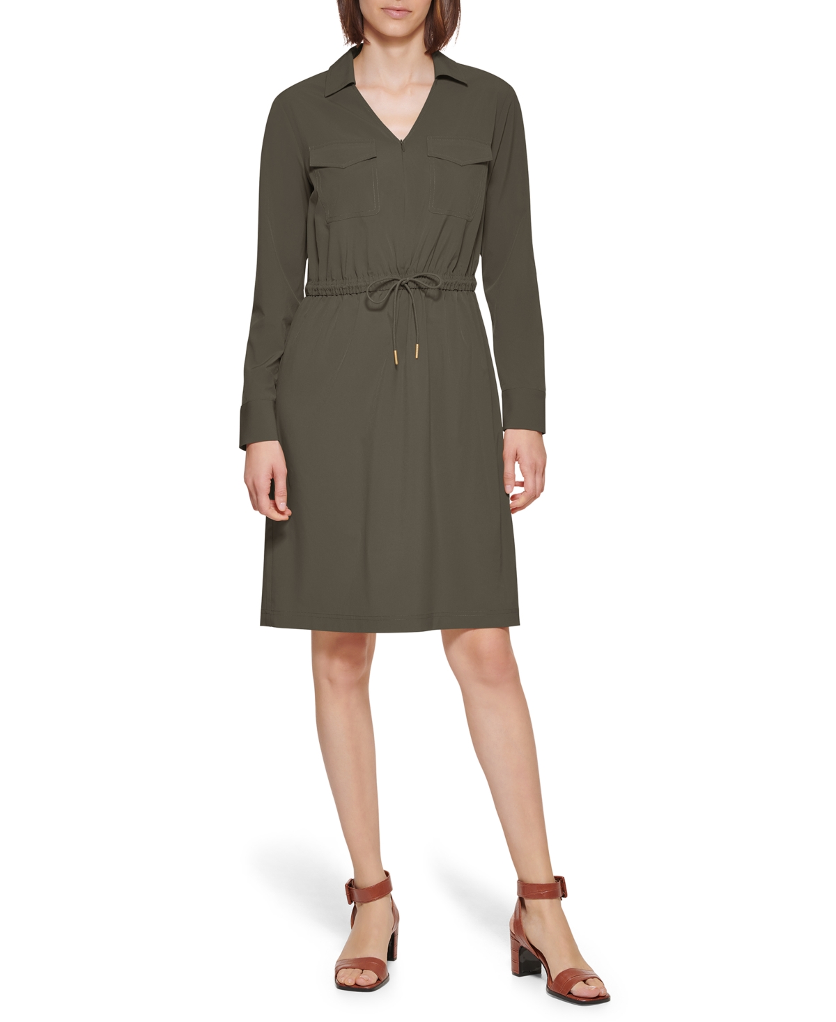 Women's Collared Long-Sleeve Sheath Dress - Black
