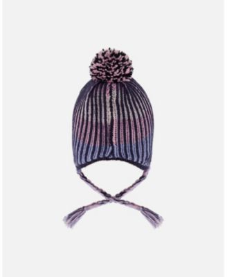 Girl Lined Peruvian Knit Pompom Hat Black and Purple - Toddler|Child