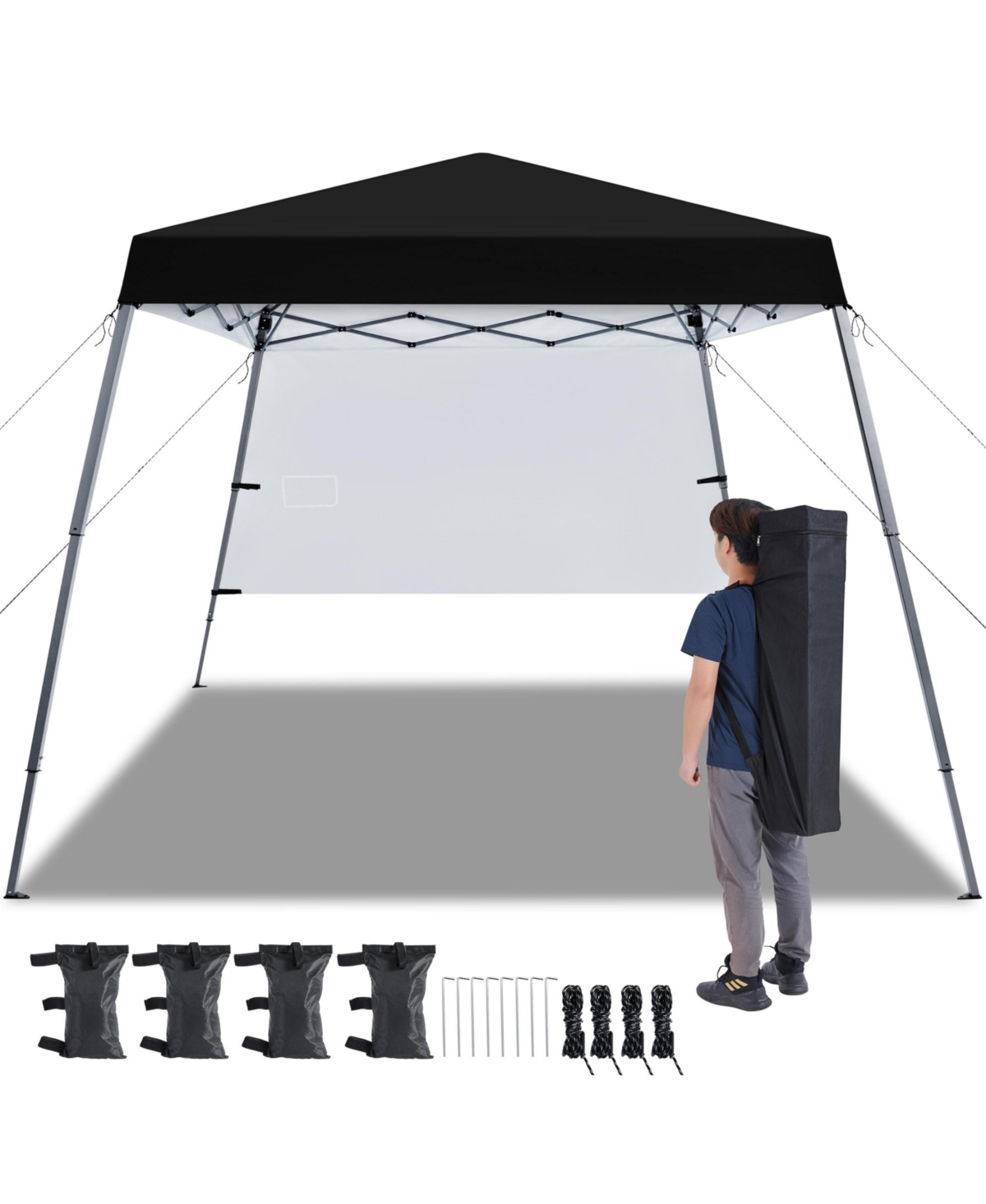 One-person Set Up Pop-up Canopy Tent w/ Side Panel, Slant Leg Instant Canopy Tent w/ Storage Bag & 4 Sandbags & 8 Ground Stakes, Red - White
