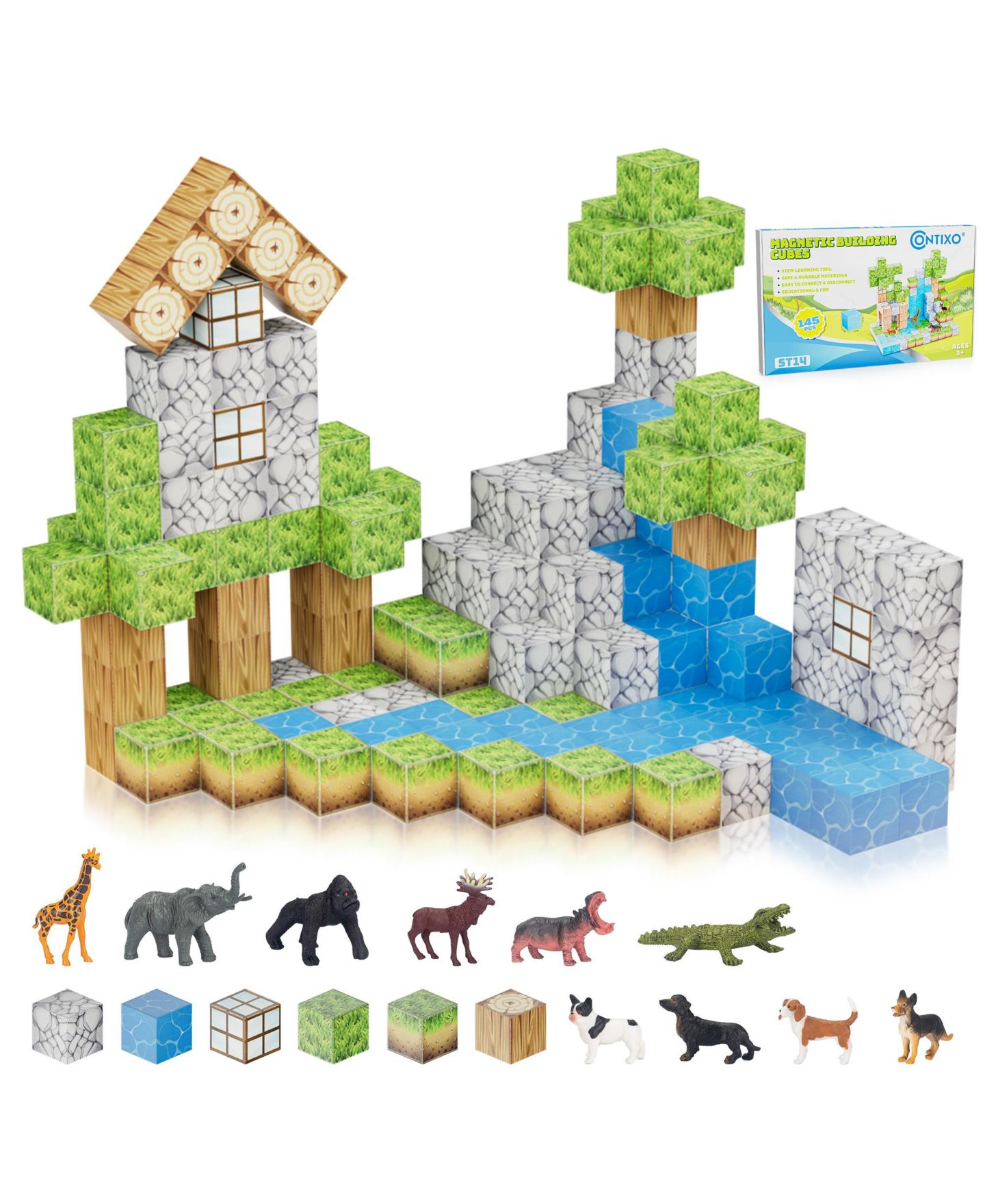 Детский конструктор Contixo Dinosaurs Magnetic Blocks Building Cubes ST14 145-Piece Building Set, Ages 3–12 — фото 1