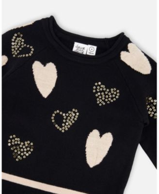 Big Girls Knit Dress Black with Glittery Heart Motifs