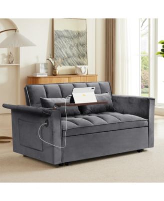 3-in-1 Foldable Velvet Sofa Bed w/ Storage & USB - Dark Grey