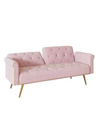 Pink Velvet Sofa Bed with Nailhead Trim & Pillow