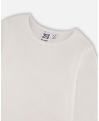 Girl Jersey Top Off-White with Embroidered Floral Sleeves - Toddler|Child