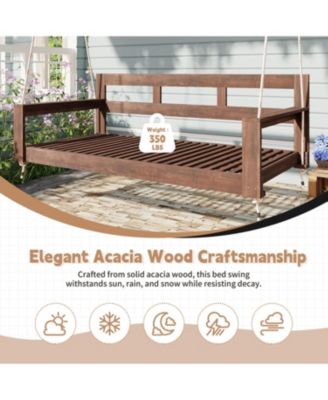 Patio Wooden Twin Size Porch Swing Daybed Frame, Garden Swing Bench Chair with 4 Hanging Ropes for Backyard,Outdoor,Brown