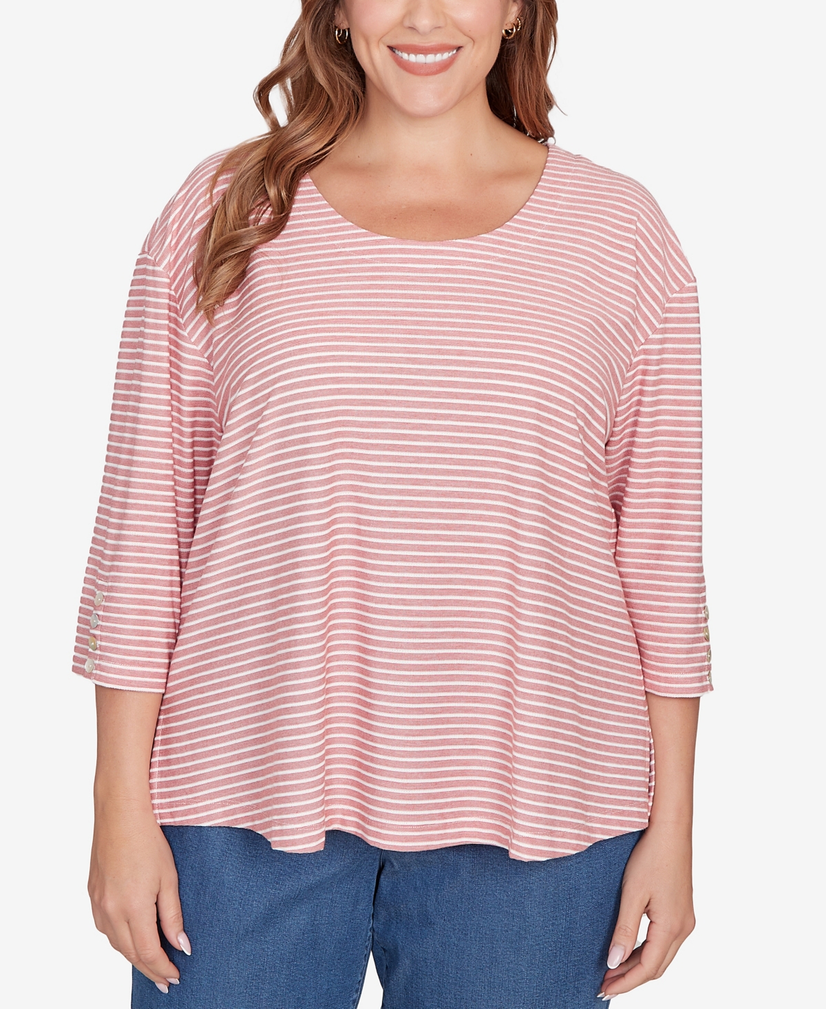 Plus Size Scalloped Texture Stripe Top - Navy Multi