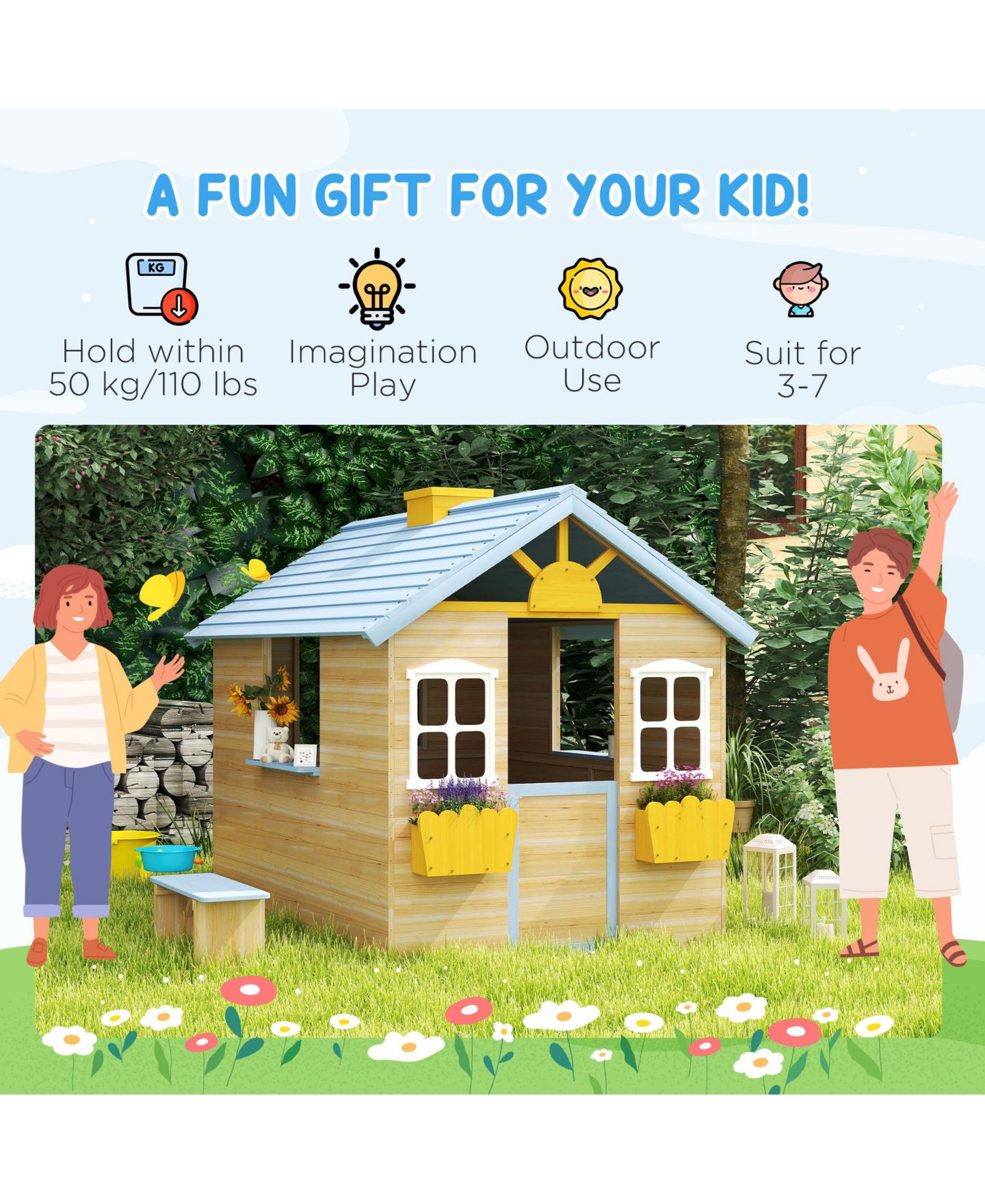 Детская игрушка Outsunny Outdoor Wooden Playhouse, Ages 3+, цвет: Синий — фото 4