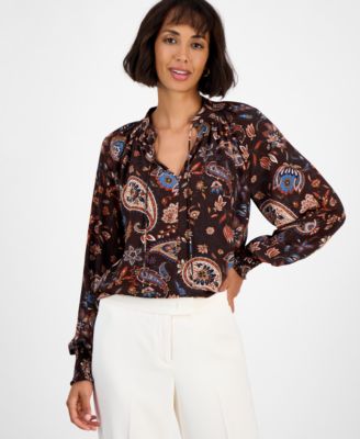 Women's Printed Split-Neck Long-Sleeve Blouse 