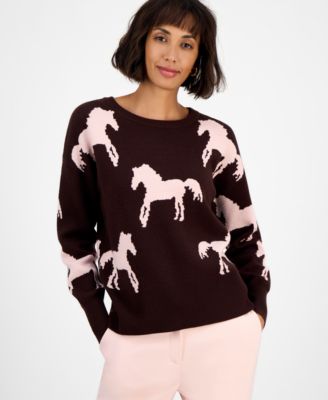 T Tahari - Women's Horse-Print Crewneck Long-Sleeve Sweater