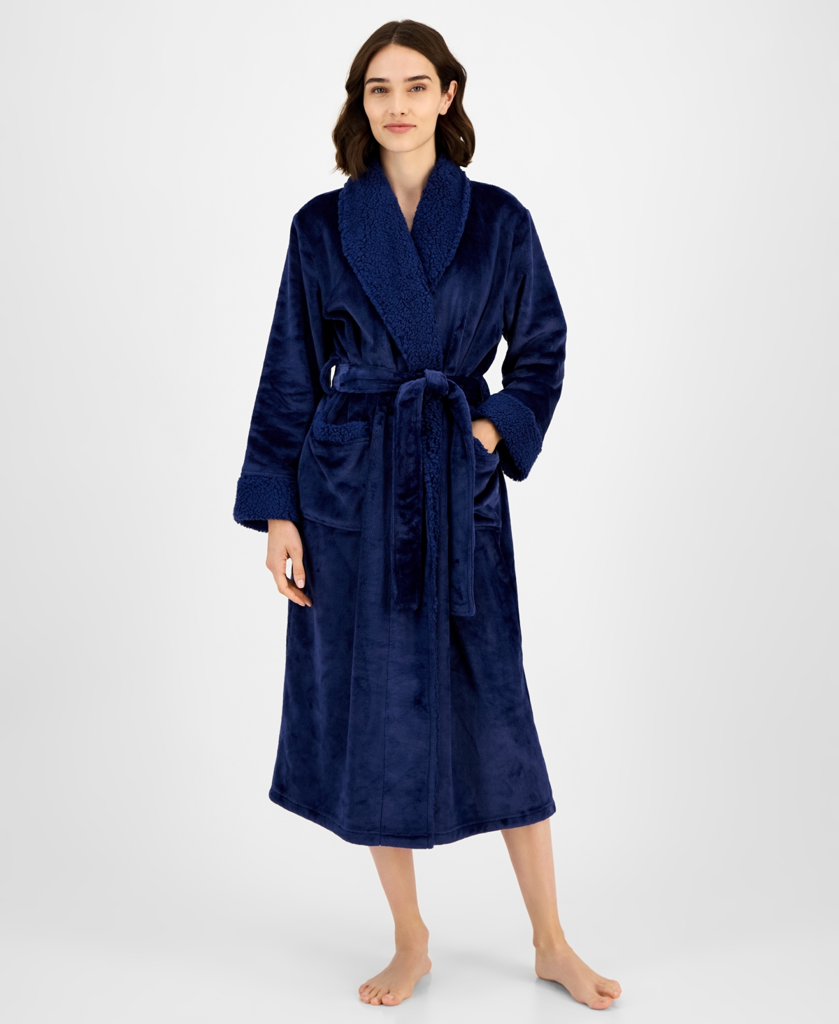 Charter Club Women's Long Plush Fleece-trim Robe, Created For Macy's In Blue