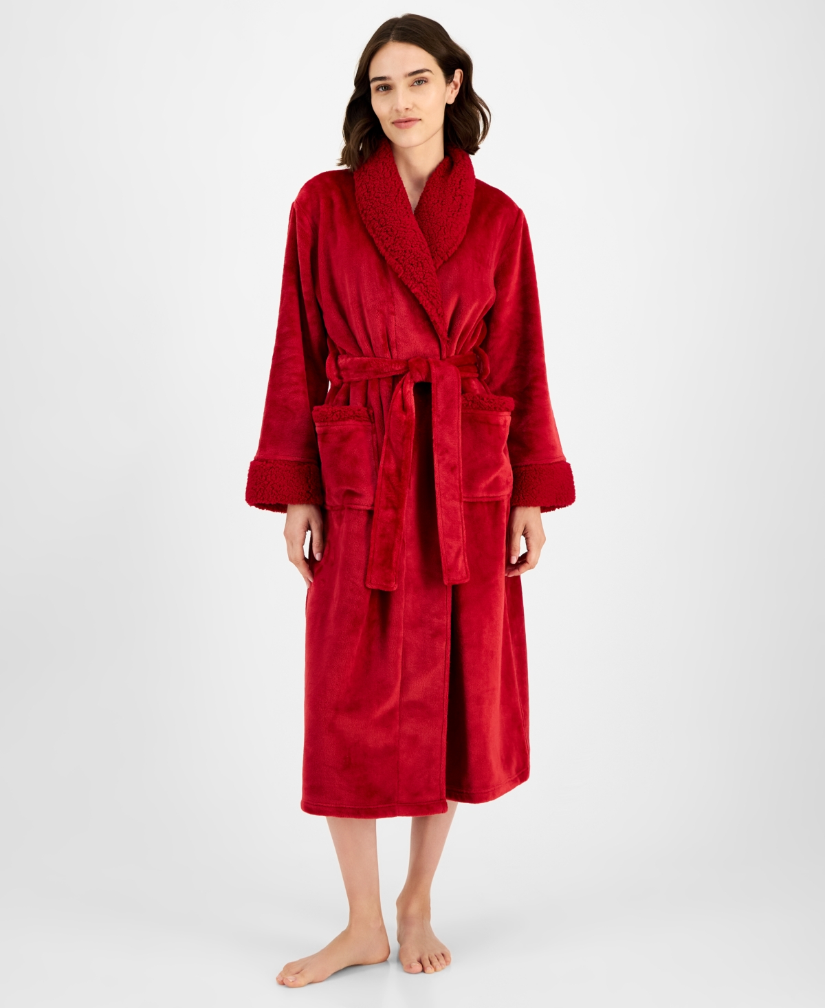 Charter Club Women's Long Plush Fleece-trim Robe, Created For Macy's In Red