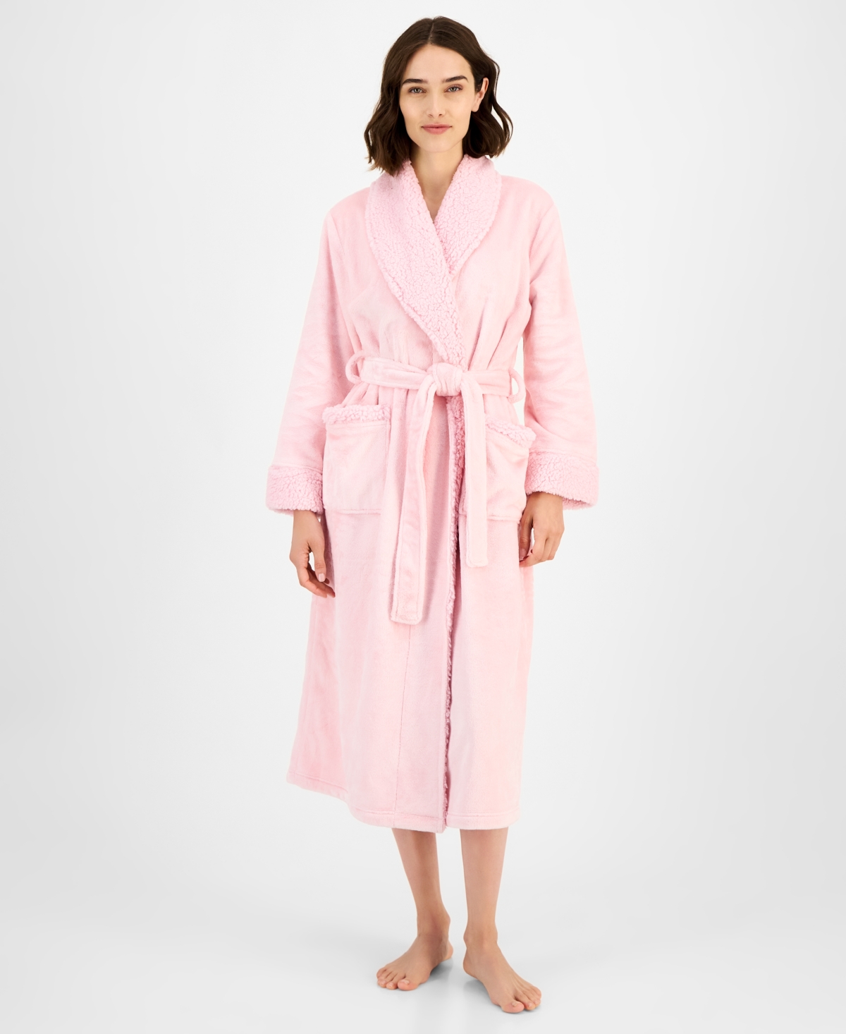 Charter Club Women's Long Plush Fleece-trim Robe, Created For Macy's In Pink