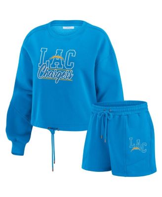 WEAR by Erin Andrews - Women's Powder Blue Los Angeles Chargers Washed Fleece Long Sleeve T-Shirt Shorts Lounge Set