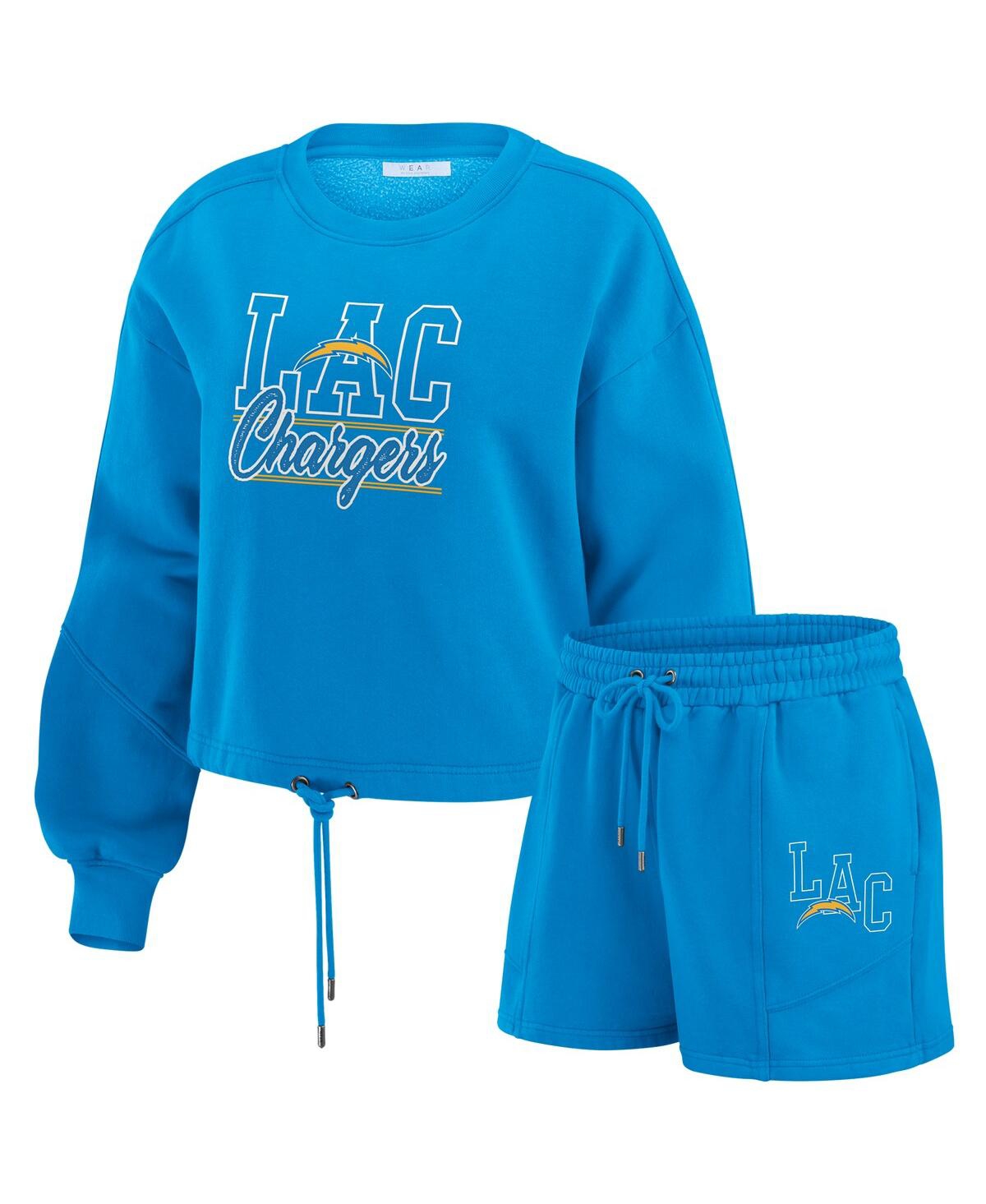 Women's 2-Piece Powder Blue Los Angeles Chargers Washed Fleece Long Sleeve T-Shirt and Shorts Lounge Set - Powder Blue