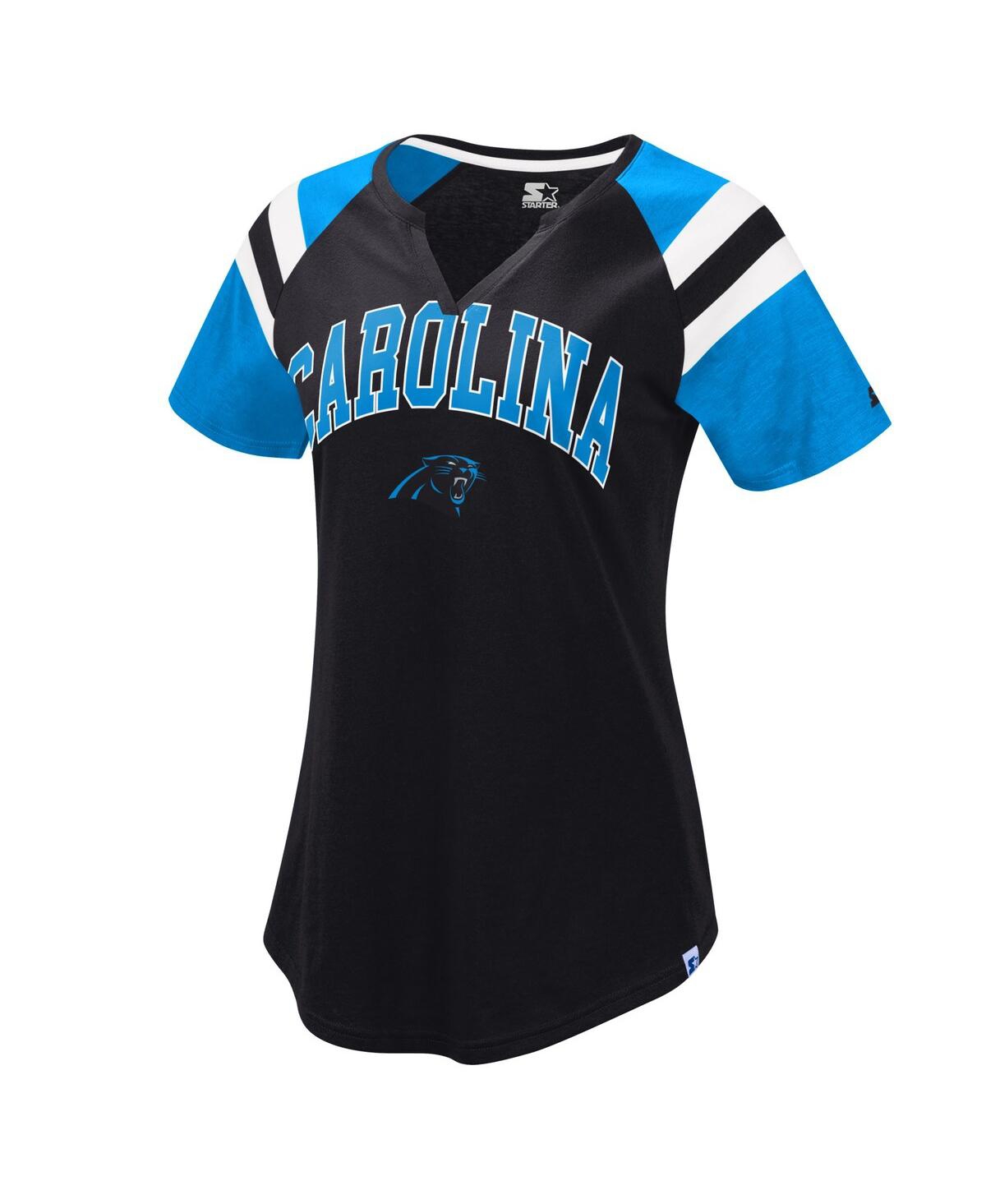 Starter Women's Black/light Blue Carolina Panthers Game On Notch Neck Raglan T-shirt In Multi