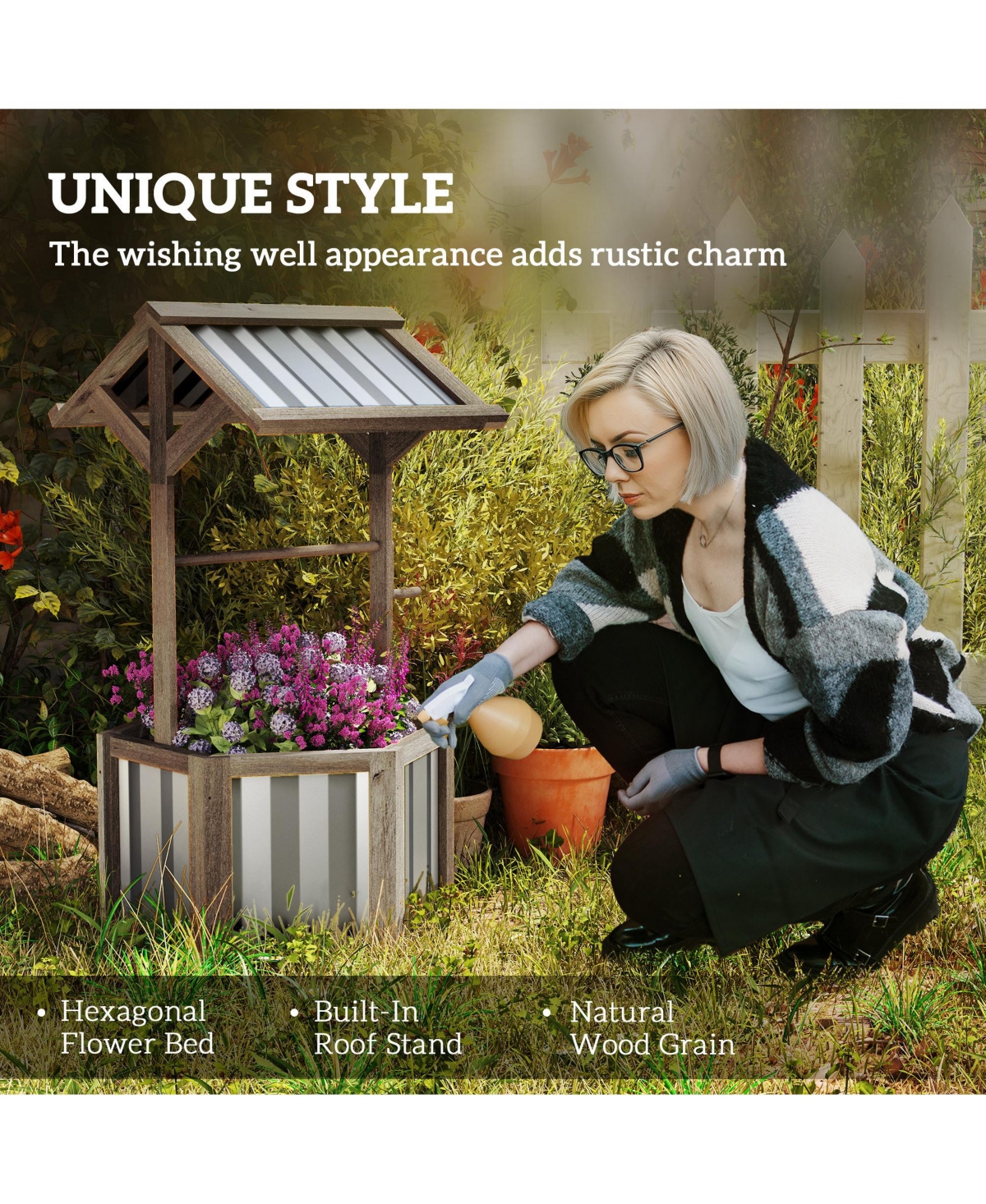 Outsunny Wooden Wishing Well Planter with Galvanized Canopy, Light