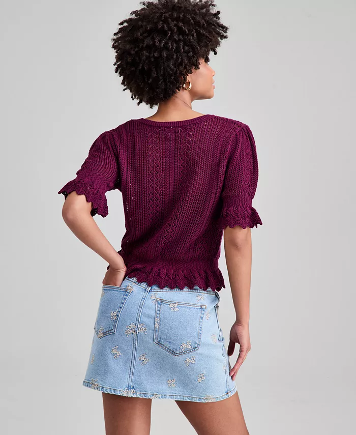Women's Round-Neck Open-Knit Sweater - thumbnail 6