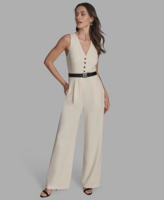 BCBG - Women's Belted V-Neck Sleeveless Jumpsuit